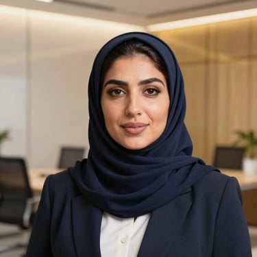 Close-up portrait of a Saudi female tech consultant, professional attire, modern minimalist office background, soft studio lighting, warm gold highlights, shallow depth of field, 35mm.