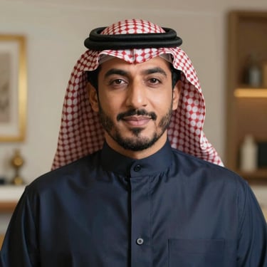 Close-up portrait of a Saudi male creative director, elegant modern attire, design studio background, soft warm lighting, shallow depth of field, 35mm portrait.