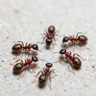 Macro studio shot of tiny sweet ants on a light grey stone surface, clinical focus, crisp lighting.