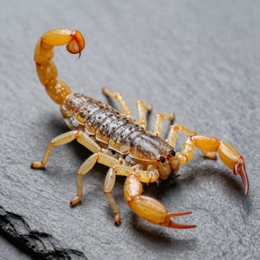 Macro studio shot of a yellow scorpion on a neutral slate grey background, clinical lighting, sharp focus on details.