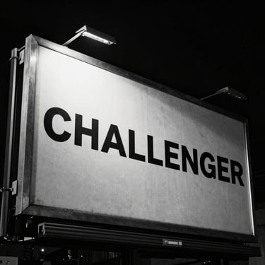 High-contrast street-level billboard for a challenger brand, harsh direct flash, deep shadows, raw cinematic texture.