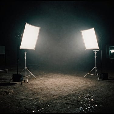 Wide angle gritty cinematic shot of a late-night video production set, bright studio lights cutting through haze, deep shadows.