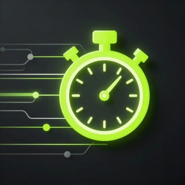 Abstract technical vector diagram representing speed and efficiency, with sharp linear paths and a glowing electric lime stopwatch icon on a dark background.