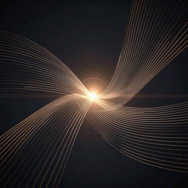Abstract technical vector diagram representing connection, showing intersecting waves and a central resonant focal point on a dark background.