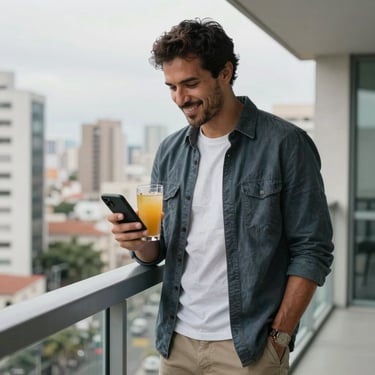 A South American man in a stylish, casual outfit standing on a modern balcony overlooking a cityscape. He is holding a glass of artisanal juice and looking at his phone with a satisfied expression.