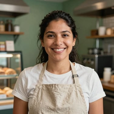 A close-up portrait of a South American woman business owner smiling confidently in her modern artisanal bakery. She is wearing a simple linen apron. The background is softly blurred, showing professional kitchen equipment and Parchment Green walls.