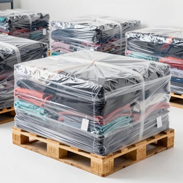 Bright commercial photography of a mixed liquidation pallet, shrink-wrapped, with visible clothing tags