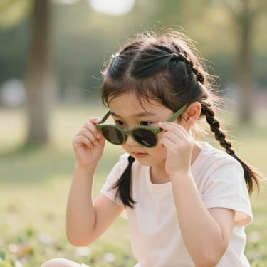 A young girl with braided hair bending flexible olive sunglasses with her hands, showing durability, outdoor park setting, warm light