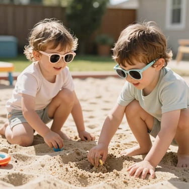 Two kids playing in a backyard sandbox, wearing stylish sunglasses, candid shot, bright natural sunlight, joyful atmosphere