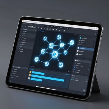 Clean studio photography of a high-resolution tablet screen showing complex node-based software (ComfyUI), glowing with ice blue light, North American / US.