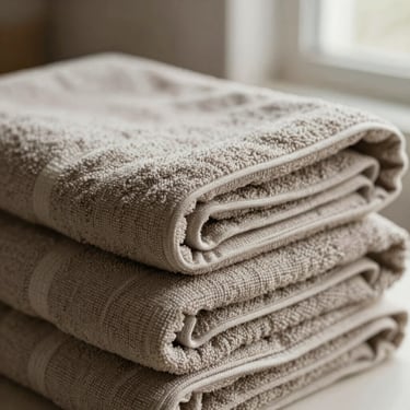 Tight tactile close-up of folded linen bath towels in muted earthy tones, soft window light