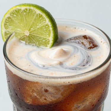 Macro shot of a dirty cola with swirling coconut cream, fresh lime slice, crisp daylight