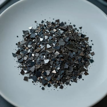 Macro photography of dark graphene flakes dispersed on a clean light-grey laboratory plate, cool-toned high-contrast lighting, top-down technical layout.