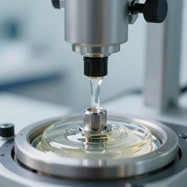 Extreme close-up of a laboratory rheological testing apparatus measuring a clear gel formulation, cool clinical lighting, precise metal surfaces