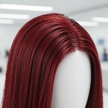 Macro close-up of a premium lace front human hair wig on a mannequin, bright factory lighting