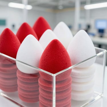 Soft teardrop-shaped makeup powder puffs stacked in a clean acrylic bin, bright industrial lighting