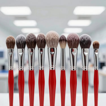 Professional makeup brushes with dense synthetic bristles arranged in a precise row, factory setting