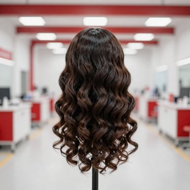 Deep wave human hair wig with natural curls on a display stand, bright clean lighting