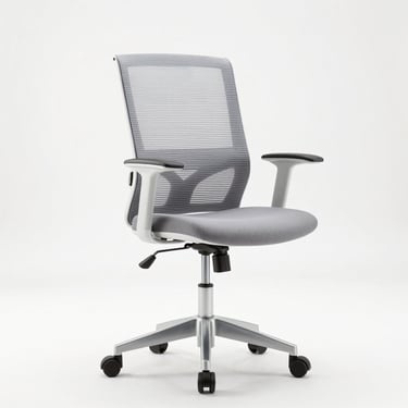 Bright high-key product photography of a modern ergonomic office chair, white background, crisp studio light