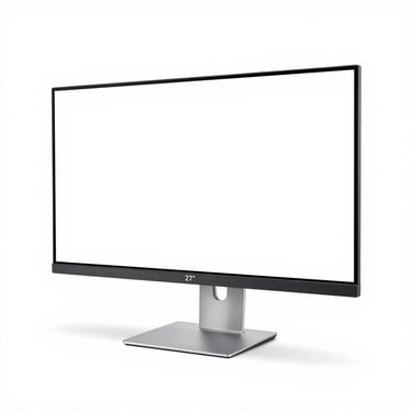 Bright high-key product photography of a sleek 27-inch corporate desktop monitor, white background, crisp studio light