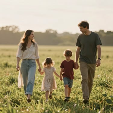 A family walking together in a sun-drenched meadow, soft morning light, warm tones, shot from a medium distance, natural interaction.