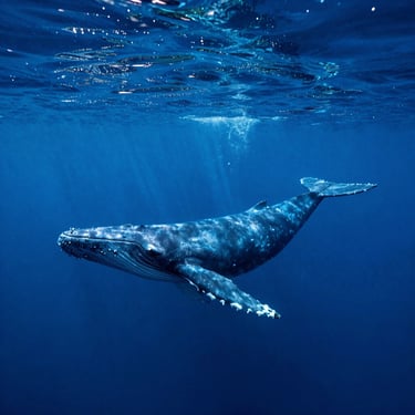 Majestic blue whale migrating through deep oceanic depths, shafts of light illuminating its massive silhouette.