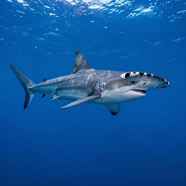 Cinematic close-up of a scalloped hammerhead shark cruising through deep blue water, natural light filtering from above.