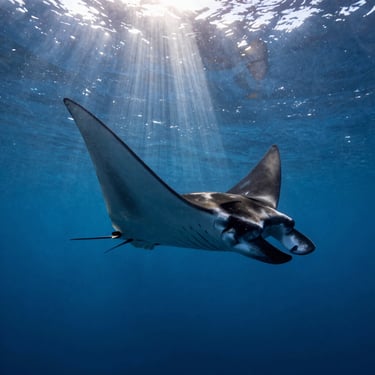 Close-up macro shot of a giant manta ray gliding gracefully near the ocean surface, sun rays piercing the water.