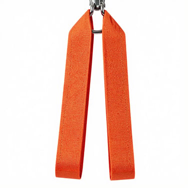 Studio shot of 12-ton orange extra-wide polyester lifting sling, double band, high stitch density, stark white background.