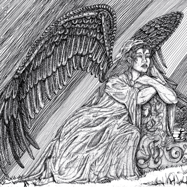 black and white pen and ink illustration grieving angel mechanical metal wings character Steampunk statue 