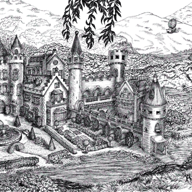 black and white pen and ink illustration steampunk narrative landscape based on Scottish Chateau