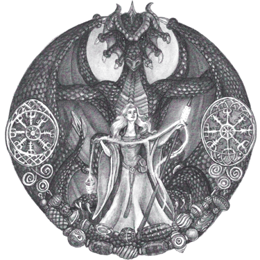 black and white pen and ink shield dragon goddess spinning Norse Celtic Viking mythology
