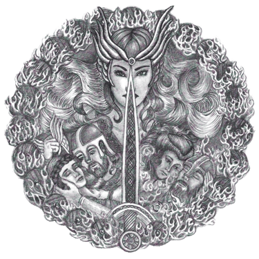 Black and White Pen and Ink illustration shield Viking Celtic Mythology Volksunga Saga Brunhilda Ring Valkyrie