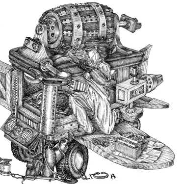 black and white illustration character engineer steampunk mechanic contraption illustration
