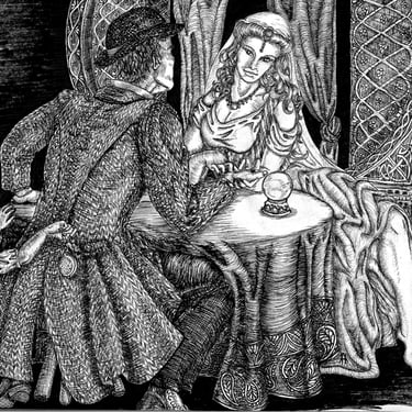 black and white pen and ink illustration character design narrative fortune teller Romani Victorian steampunk