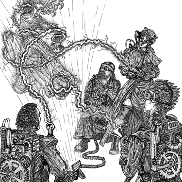 black and white illustration pen and ink steampunk ghostbuster character design roleplaying game tabletop