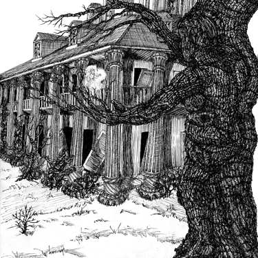 black and white pen and ink illustration Victorian haunted ghost tree based on modern photo of Victorian era mansion