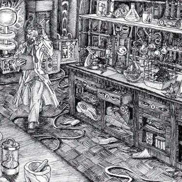 black and white pen and ink illustration mad scientist lab character narrative design Victorian Steampunk roleplaying
