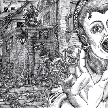 black and white pen and ink illustration narrative techno mage rampage steampunk mechanical