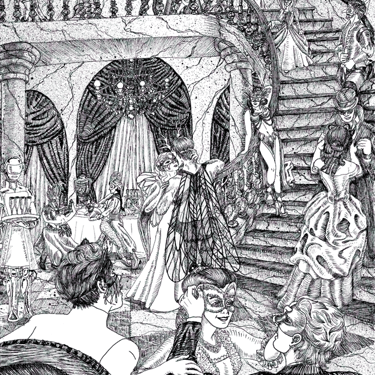 black and white pen and ink illustration Steampunk Victorian masquerade dance party narrative character