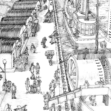 black and white pen and ink illustration steampunk shipyard inspired by historical Victorian photograph