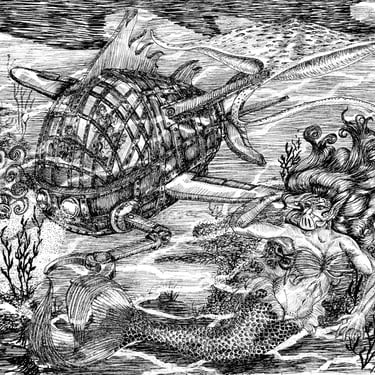 black and white pen and ink illustration steampunk submersible underwater marine mermaid roleplay narrative illustration
