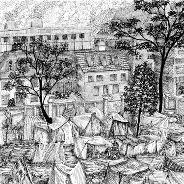 black and white pen and ink illustration steampunk tabletop roleplaying tent city slum based on historical Victorian photo