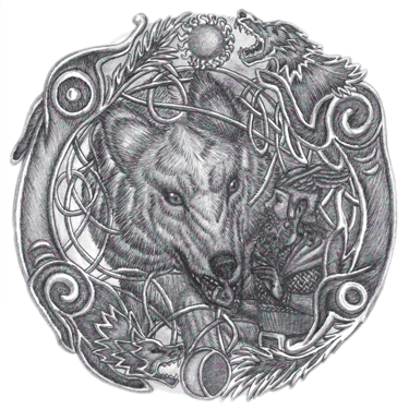 black and white pen and ink illustration shield Viking Celtic Norse Mythology Tyr Fenrir Wolf Skoll Hati Ragnarock