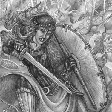 black and white illustration back cover Viking Shieldmaiden battle