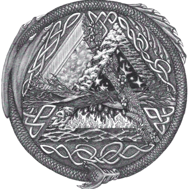 Black and white pen and ink illustration Viking Celtic Volknut symbol Nine Realms of Norse Mythology Dragon Wyrm