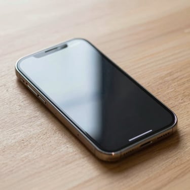 Macro shot of a minimalist mobile UI design displayed on a high-resolution smartphone screen, soft natural morning light reflecting off the glass, clean wooden desk background.