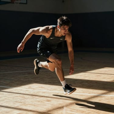 Dynamic shot of an athlete mid-air during a technical drive, captured from a low angle, harsh court lighting casting deep shadows.