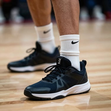 Extreme close-up of a player's technical footwork on a polished court, dynamic motion blur, high-contrast lighting emphasizing muscle definition.