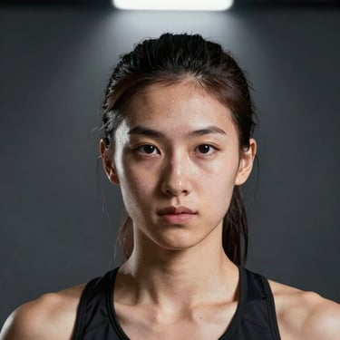 Heroic portrait of a young female athlete looking directly at the camera, dramatic spotlight from above, dark charcoal background, intense and confident expression.